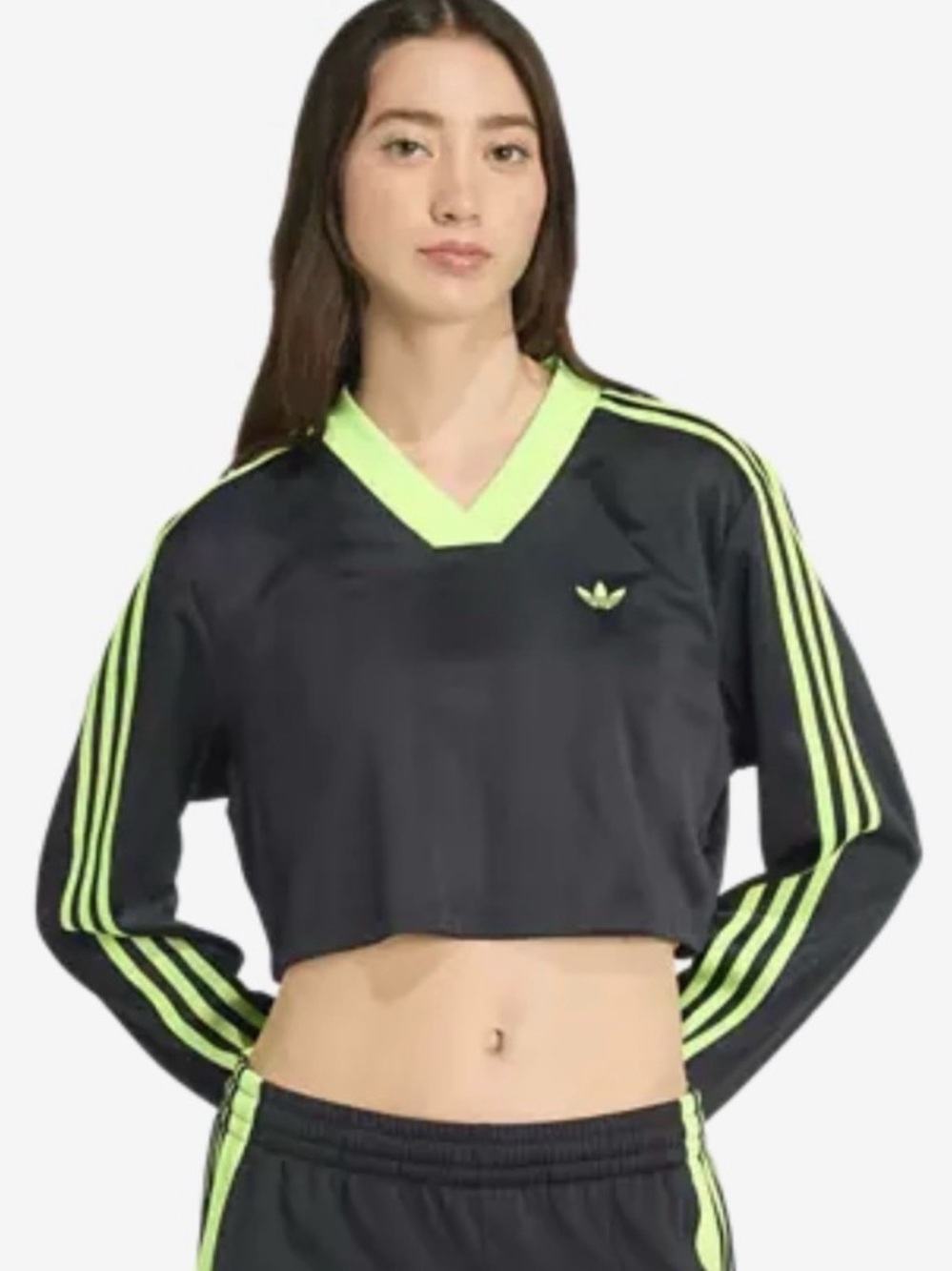 adidas Black Cropped Long-Sleeve Top with Neon Green Trim